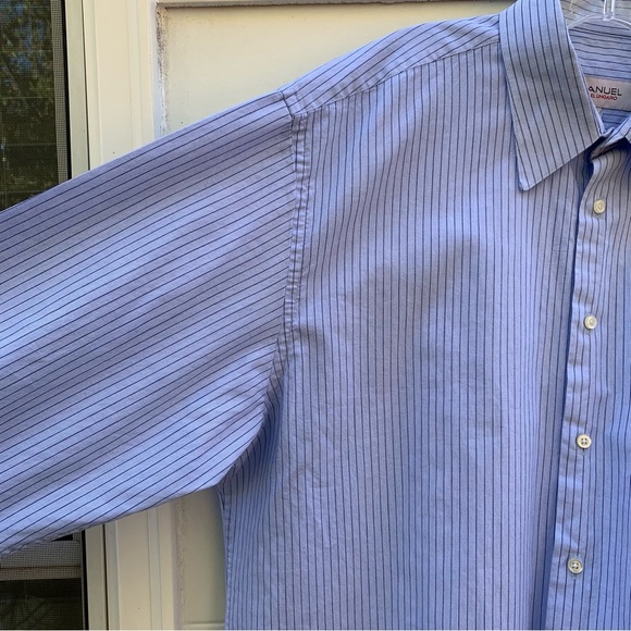 Emanuel Ungari light blue and navy striped button up dress shirt 17 34/35 XL - Picture 4 of 15
